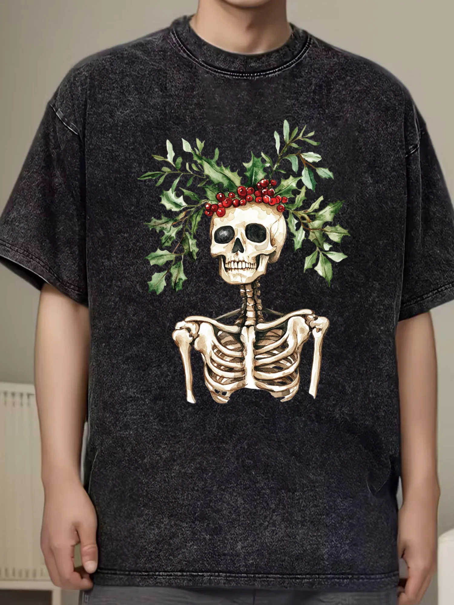 تي شيرت رجالي قطني كبير الحجم من Skeleton Potted Plant، تي شيرت برسومات مغسولة، تي شيرت عتيق ملابس الشارع للصيف