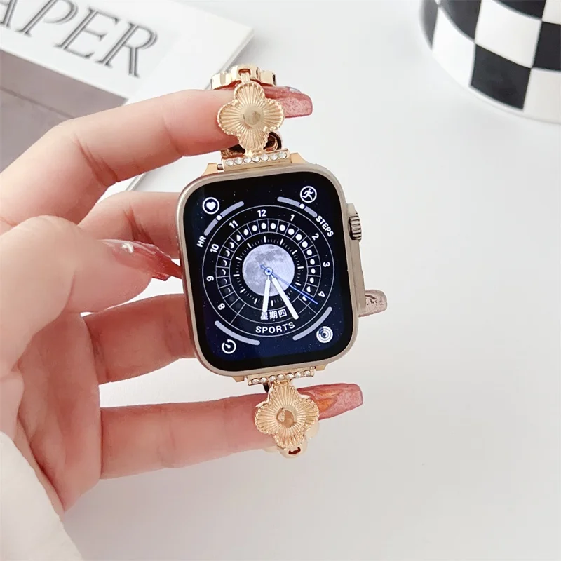 Creative Four Leaf Clover Groove Metal Stainless Steel Strap for Apple Watch Ultra 49mmFashion Lady Watchband