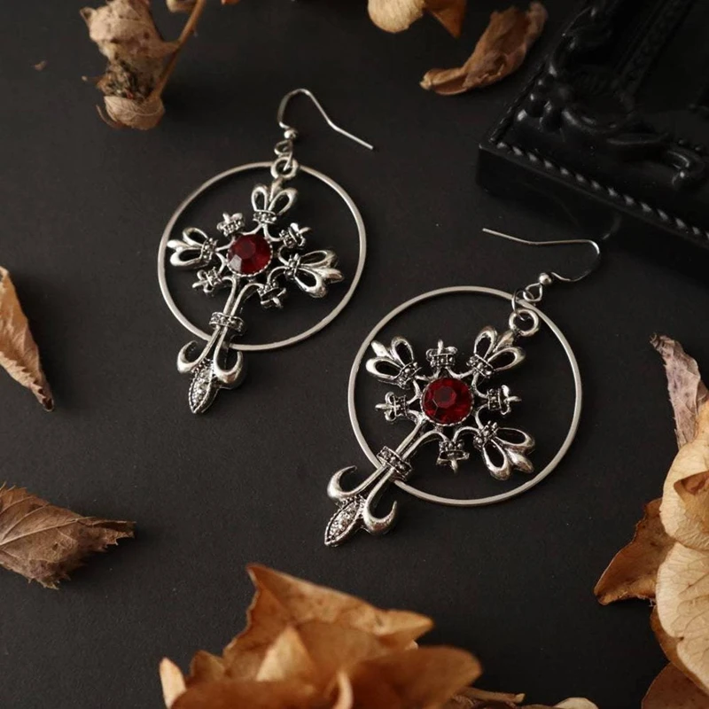 Cross Crystal Big Hoop Earrings, Gothic Cross Hoop Earrings, Unique, Gothic, Vikings, Witchy, Tarot, Viking, Boho, Witchy