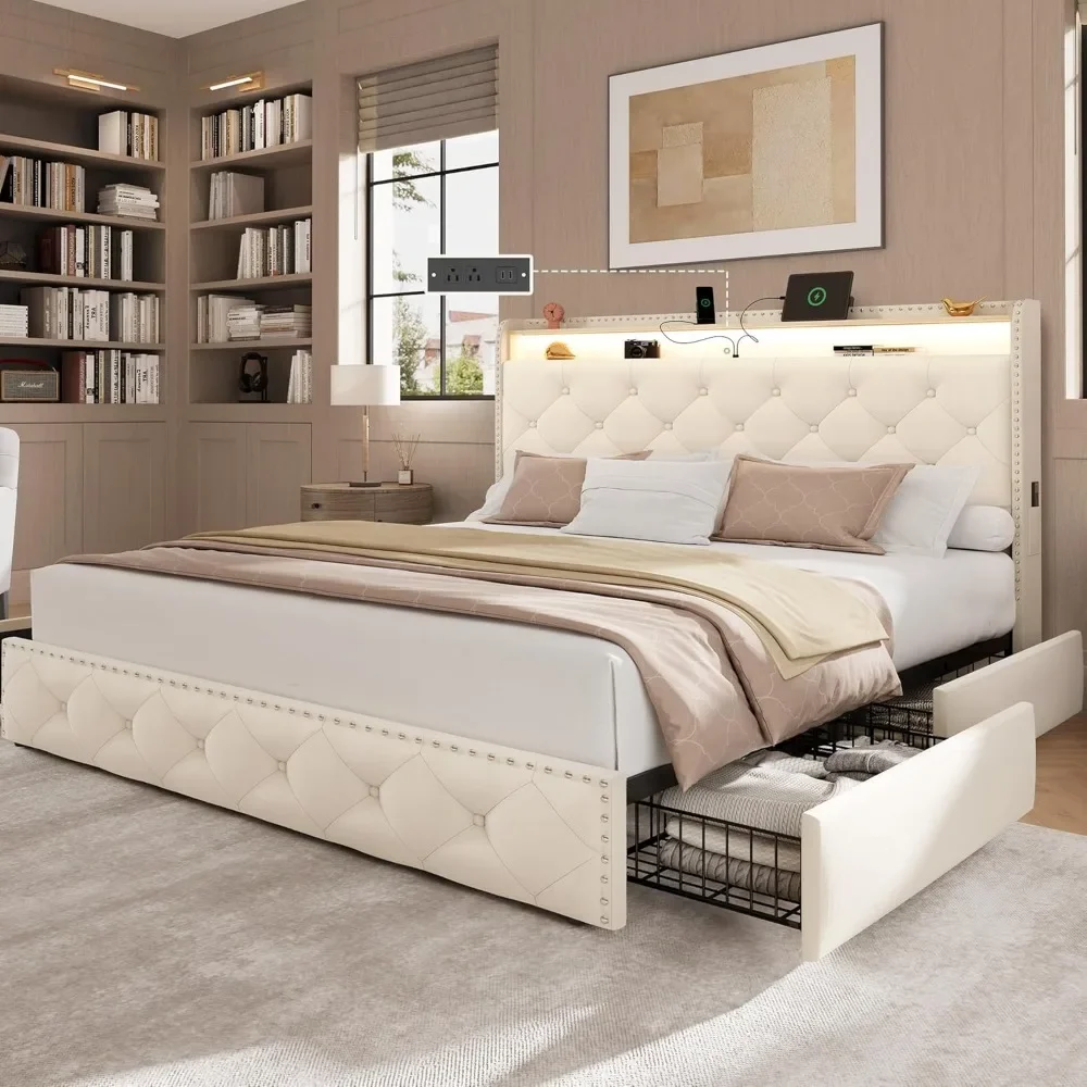 Queen Size Bed Frame with 4 Storage Drawers, Charging Station, LED Headboard, Velvet Upholstered Platform Bed Frame