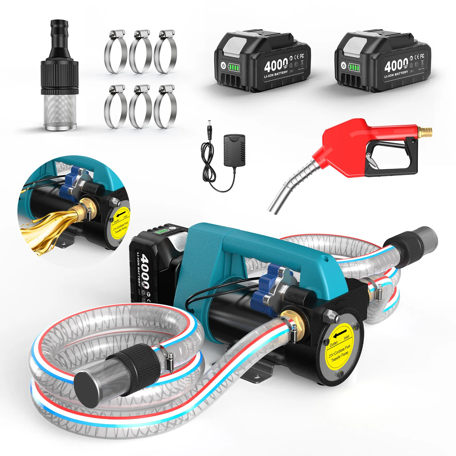 SEESII Cordless Fuel Transfer Pump for Diesel 260W Electric Car Fuel Pump Kit 21V 12GPM Portable Self-Priming Pump Automatic Stop Battery Powered Tool with 4.0Ah Battery for Makita
