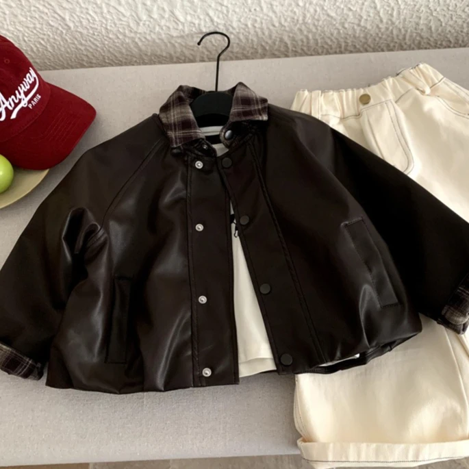 Boys' Coat 2026 Spring and Summer Children's Clothes Korean Style Boys and Girls Plingham Lapel Splicing Leather Coat