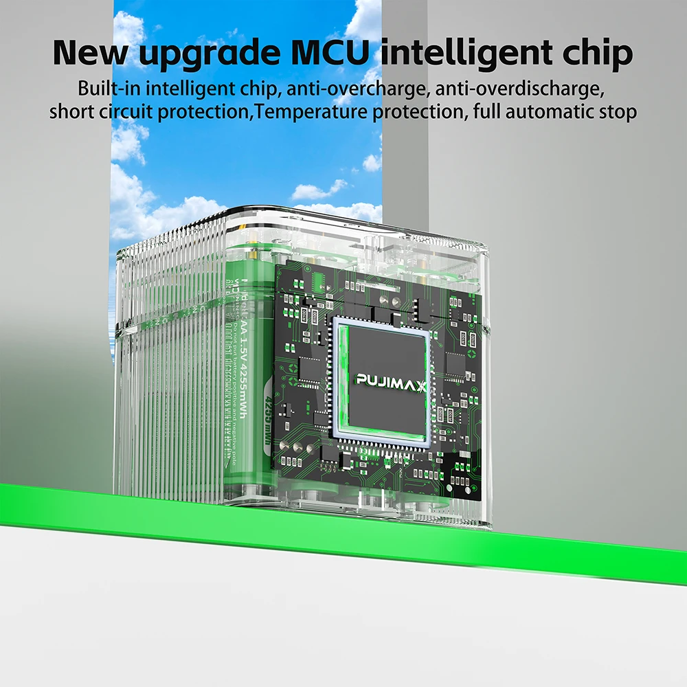 PUJIMAX 4/8/12 Slot AA Battery Charger for 1.5V Li-ion Rechargeable Battery Comprehensive Intelligent Charging Box+Type C Cable