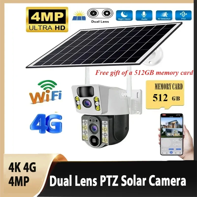 4K 4MP 4G Dual Lens PTZ Solar Camera Free 512G Memory Card Outdoor CCTV Dual Screen AI Human Tracking Secuity WIFI Camera V380