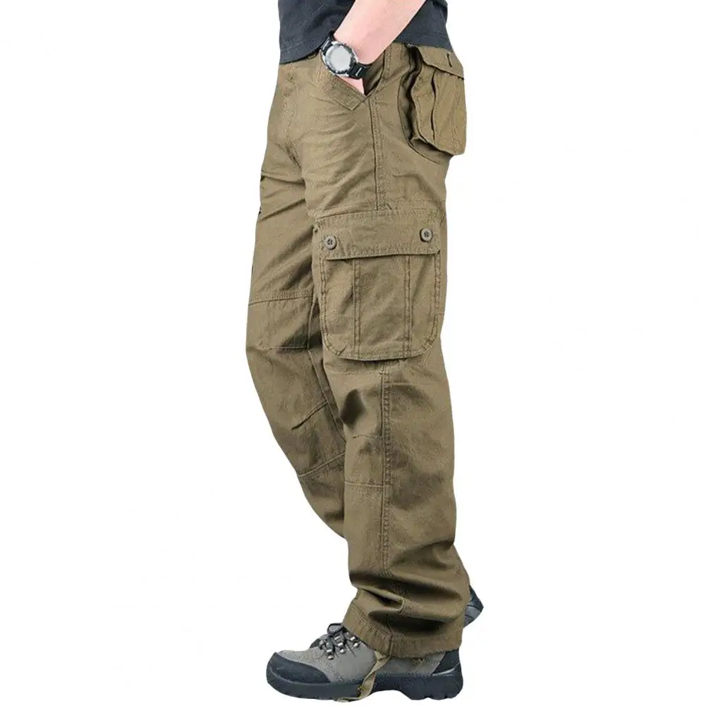 Men Cargo Pants Multi Pockets Button Zipper Closure Straight Wide Leg Streetwear Loose Solid Color Outdoor Long Trousers