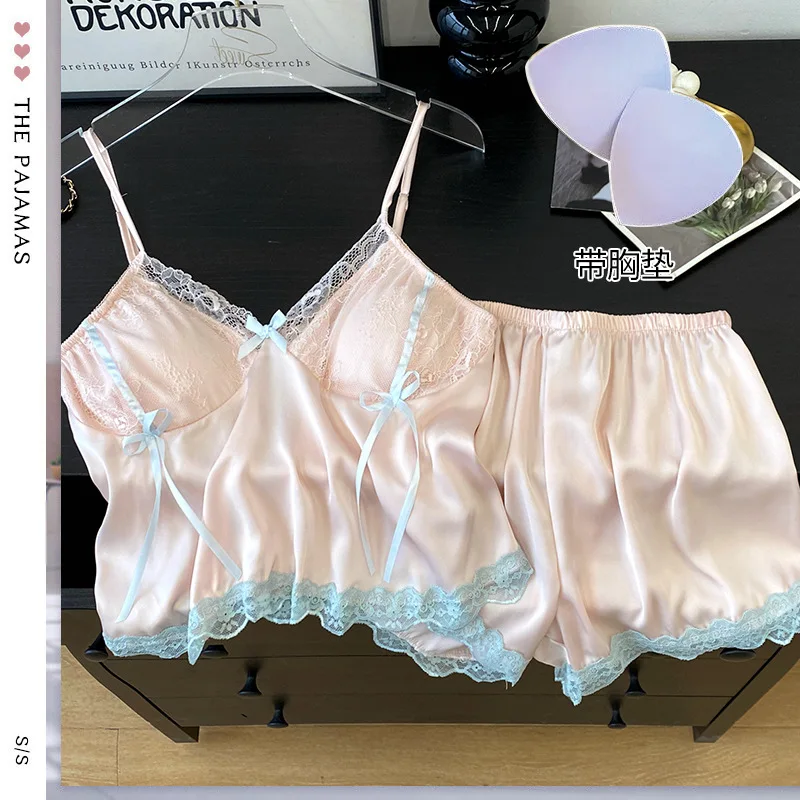 

Комплект из 2 предметов: кружевная пижама на бретельках и шорты, женский сексуальный комплект для сна, летний шелковый атласный домашний костюм