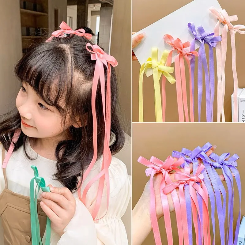 2pcs Long Ribbon Bow Hair Clip For Girls Lolita Sweet Blue hairclip Kids Side Clips Women Cute Braided hairpins Party Accessorie