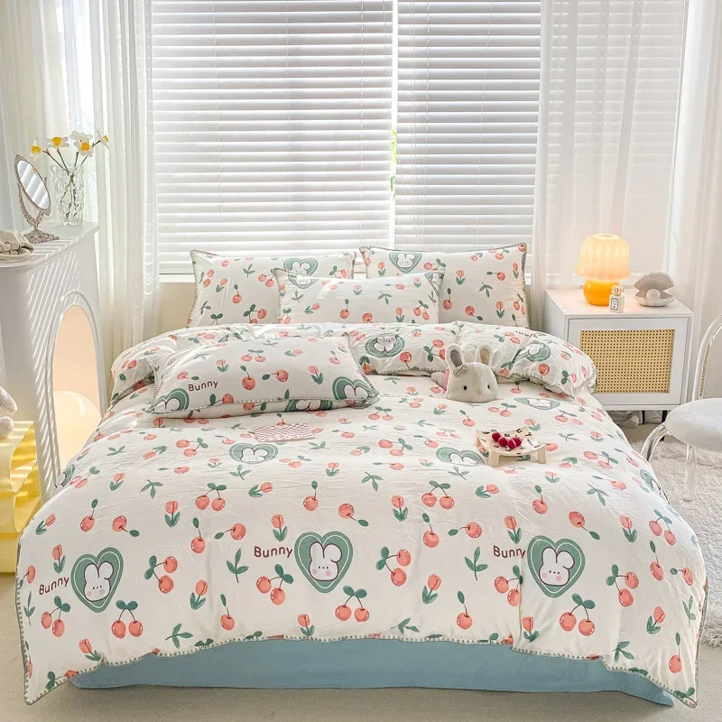 

Kawaii Cherry Duvet Cover Set for Kids Adult Room Decor Soft Reversible Comforter Cover 4pcs Cartoon Bunny Bedding Set Twin King