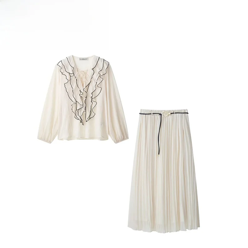 

ZBZA Spring New Women's Semi-Transparent irt with Belted Skirt Layered Decorative Long Sve V-Ne Polyester Fiber Blouse