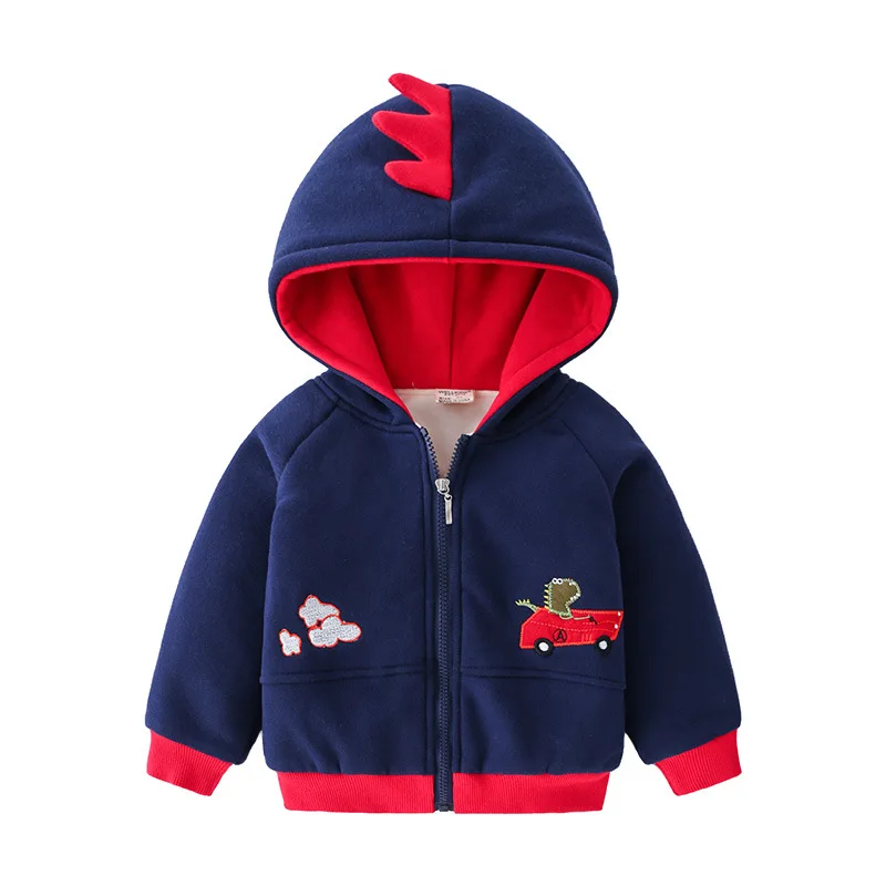 Boys\' Casual Cartoon Embroidered Zip-Up Hooded Sweatshirt Jacket Autumn/Winter New Fleece-Lined Hoodie for Kids 2-7 Years Old