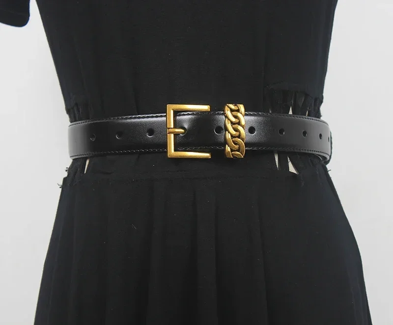 

Women's Runway Fashion Gold Buckle Genuine Leather Cummerbunds Female Dress Corsets Waistband Belts Decoration Wide Belt R318