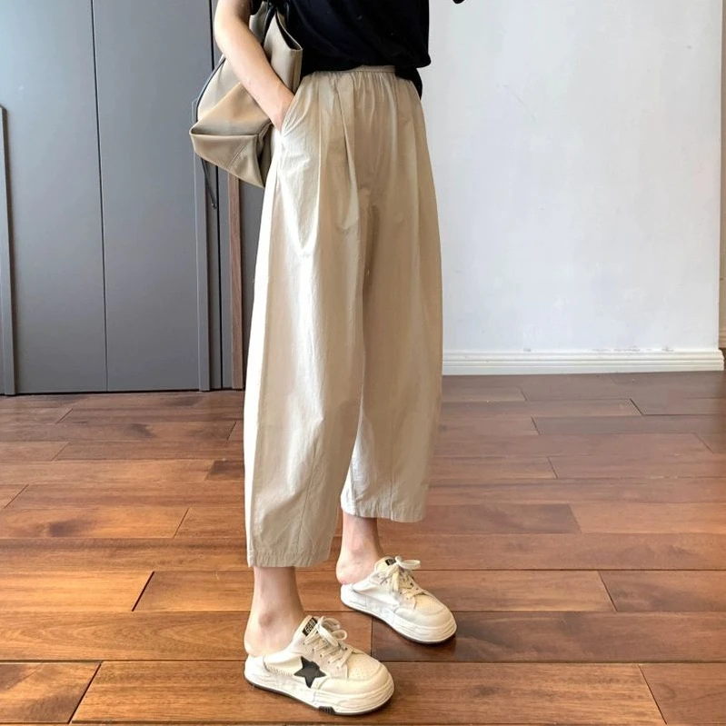 Pantaloni da Donna in Cotone e Lino Stile Harajuku, Larghi, a Tre Quarti, Versione Coreana, Vita Alta Elasticizzata, Novità Estiva