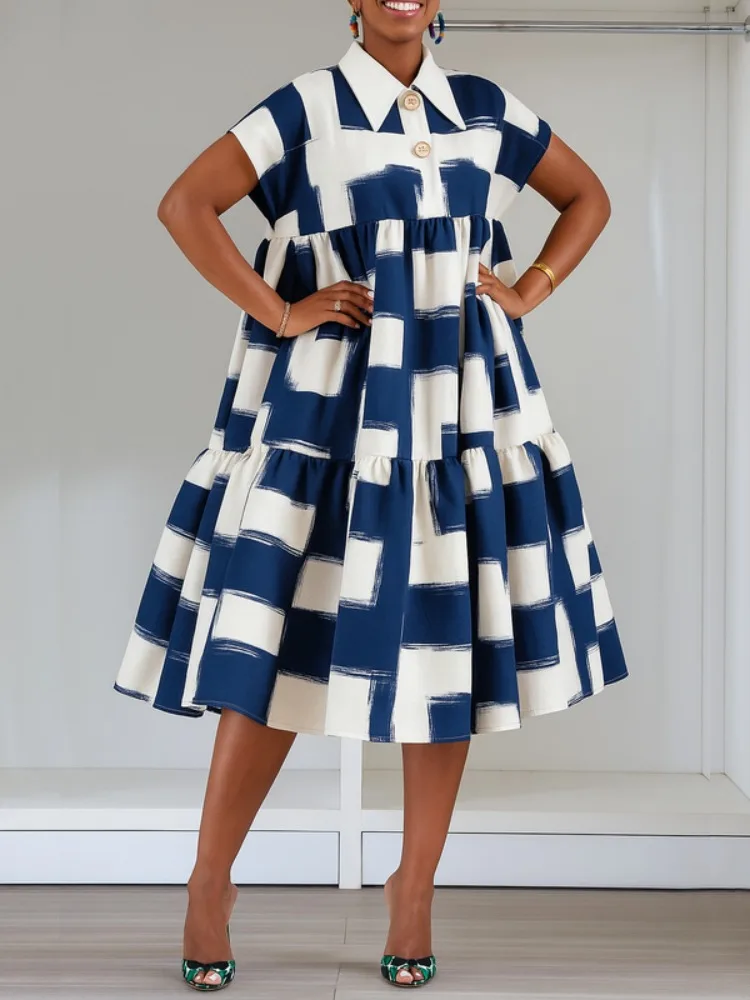 Yeezzi المرأة منقوشة التباين اللون مطوي التلبيب ألف خط فستان قصير الأكمام عالية الخصر فضفاض مكتب فساتين متوسطة الطول عادية 2025 #1