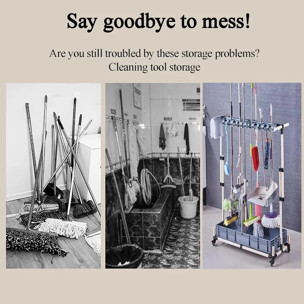 رف تخزين الممسحة والمكنسة المثبتة على الأرض، عربة تنظيف متنقلة للمماسح المبللة والمكانس #2