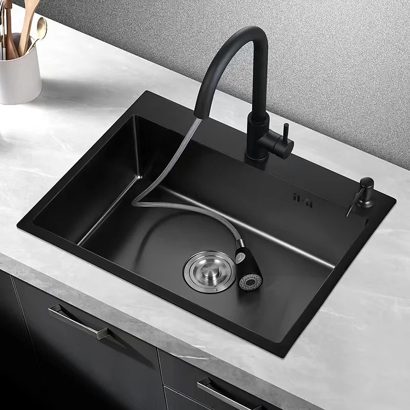 Kitchen sink 60*45cm nano stainless steel 304 single bowl kitchen sink rectangular handmade base matte black