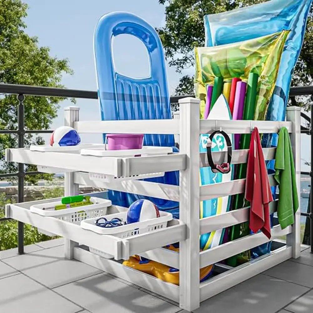 For Outdoor Pool Storage Organizer with Movable Hooks & Basket Racks