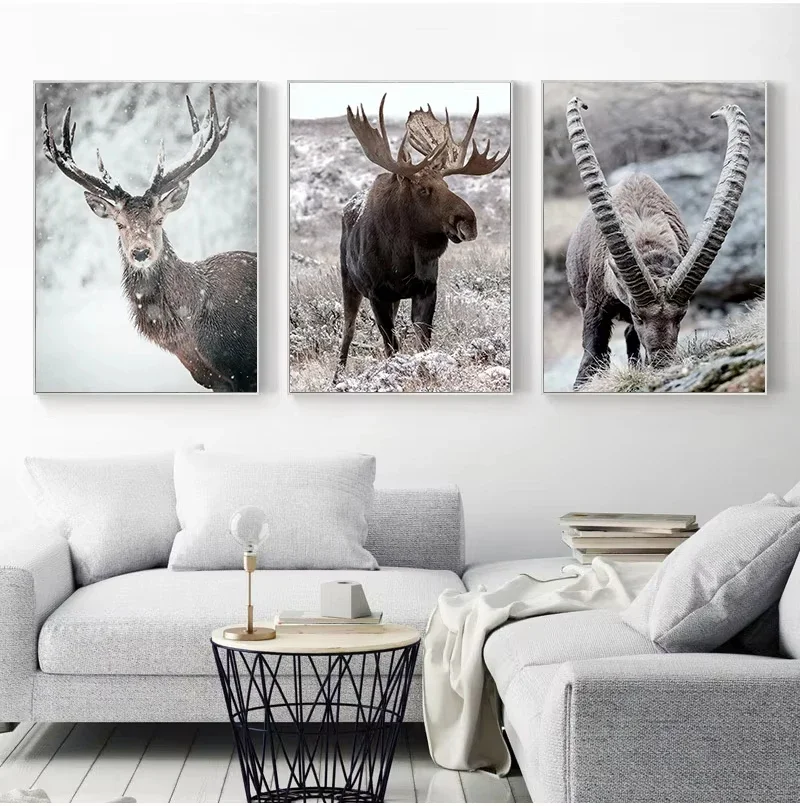 

2D/Flat Frameless Scandinavian Wall Art Poster, Canvas Print Winter Nature Landscape Canvas Painting Animal Wall Art Picture