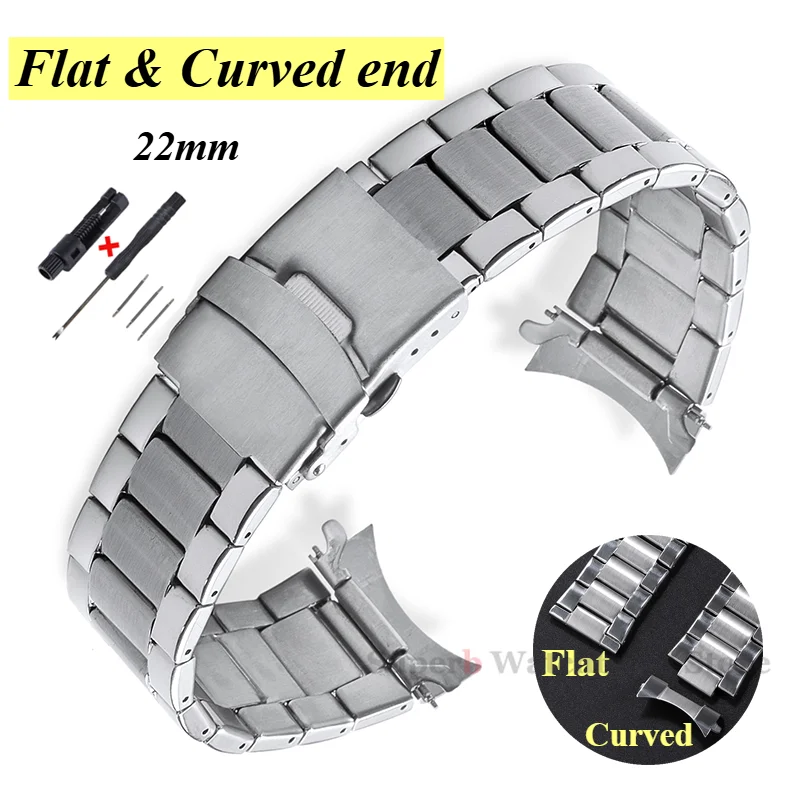 

Curved End Stainless Steel Strap for Seiko Folding Buckle 22mm Replacement Belt for Citizen Arc/Flat End Universal Wristband