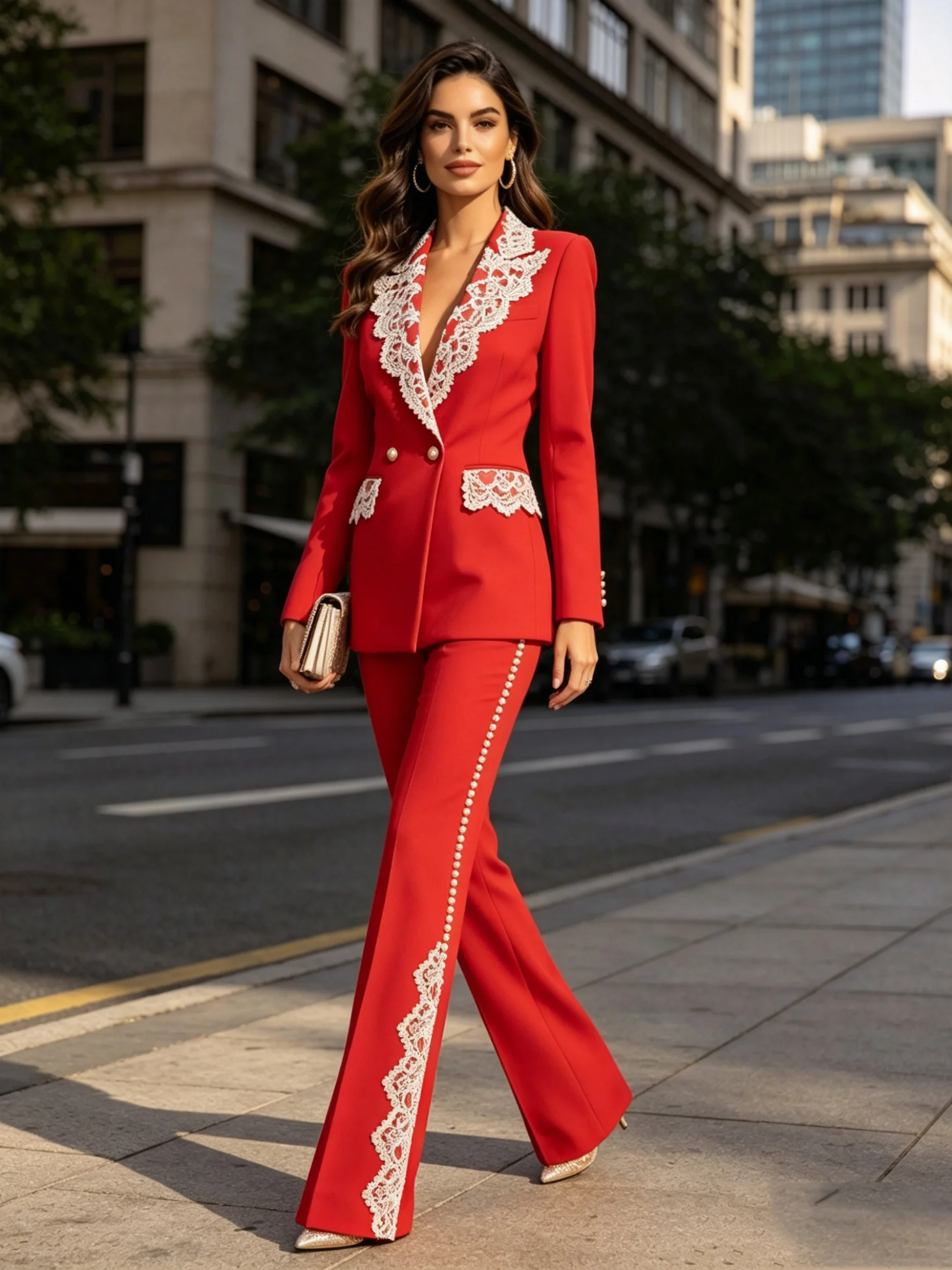 Red White Lace Women Suit Set 2 Pcs Blazer Pants Spring Cotton Customized Formal Office Wedding Tuxedos Coat Prom Jacket