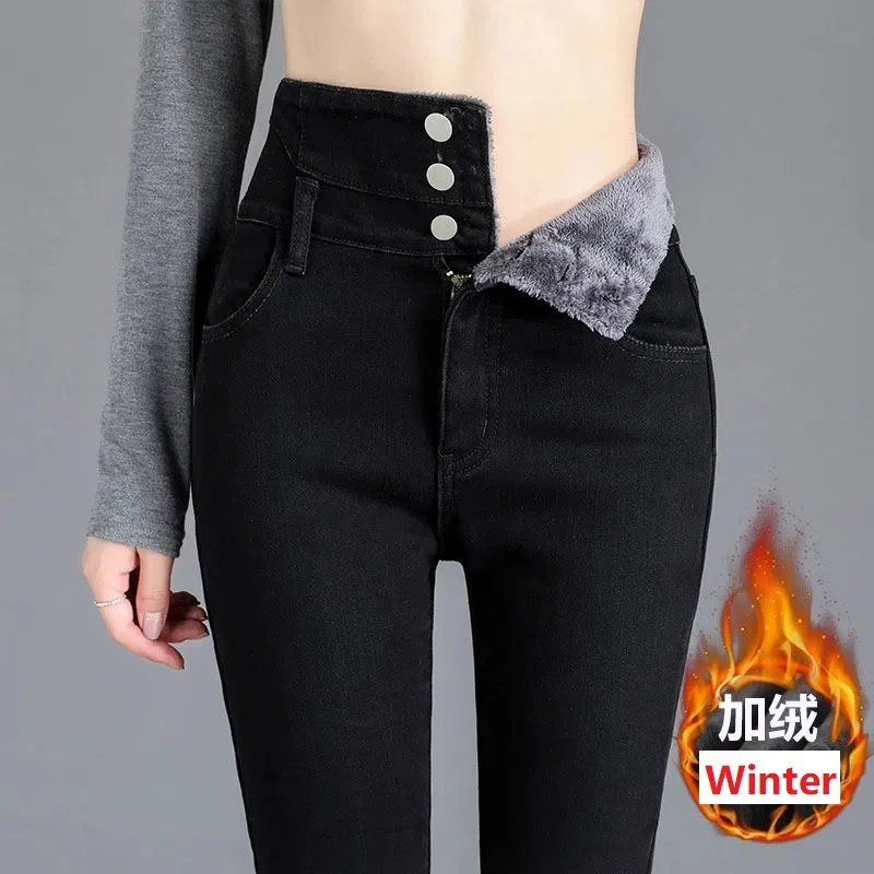 Winter Thick Velvet Women Jeans High Waist Skinny Jeans Simple Fleece Warm Slim Fit Stretch Lady Denim Pencil Pants Mom Jeans 32