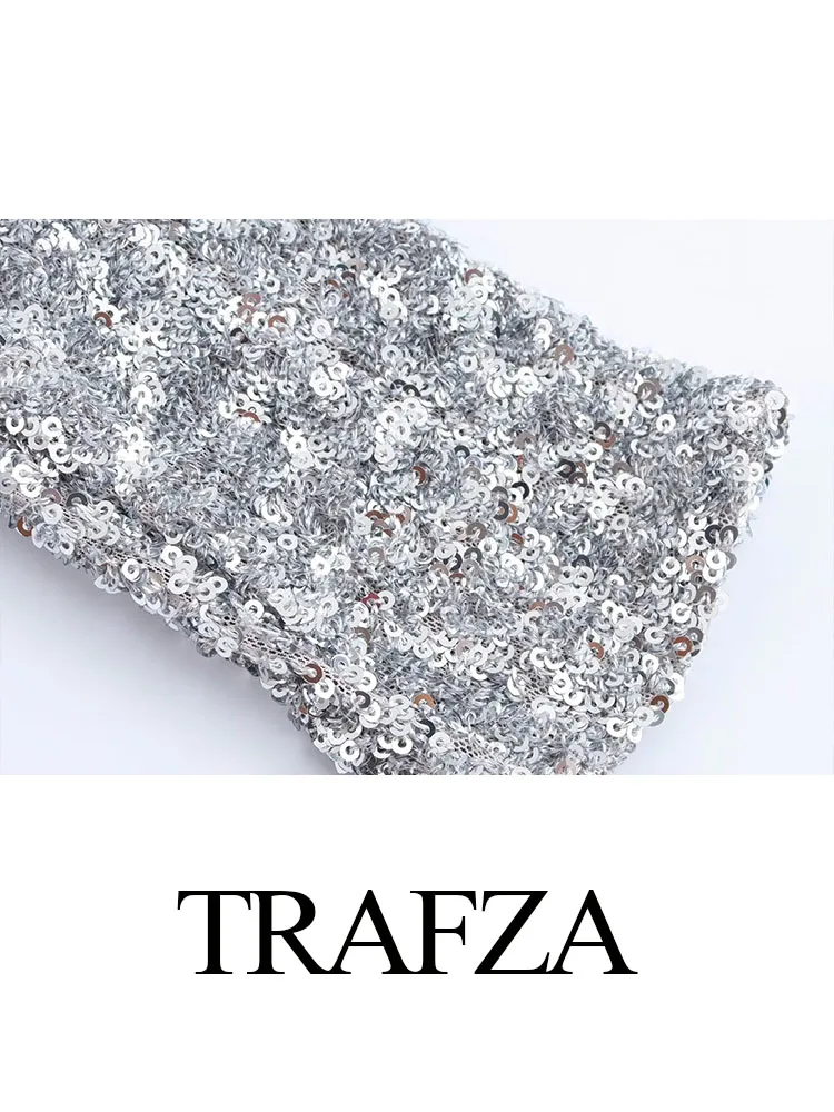 TRAFZA Donna New Fashion Increspato Manica Lunga Body Slim Party Tuta Donna Autunno Argento Paillettes Lucide Tuta Mujer