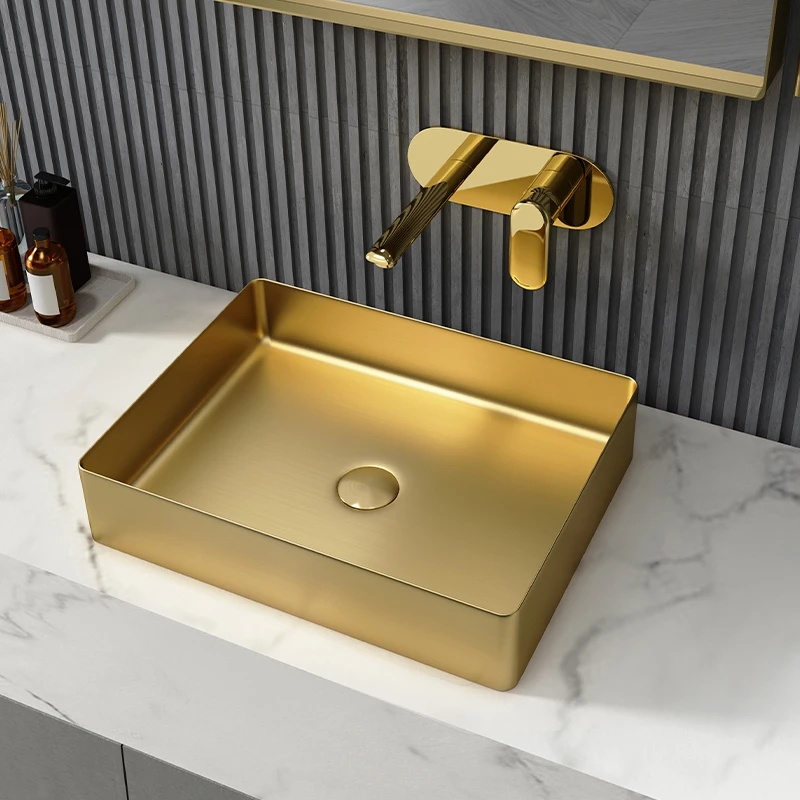 

Golden stainless steel countertop basin light luxury style hotel wash basin single basin black washbasin