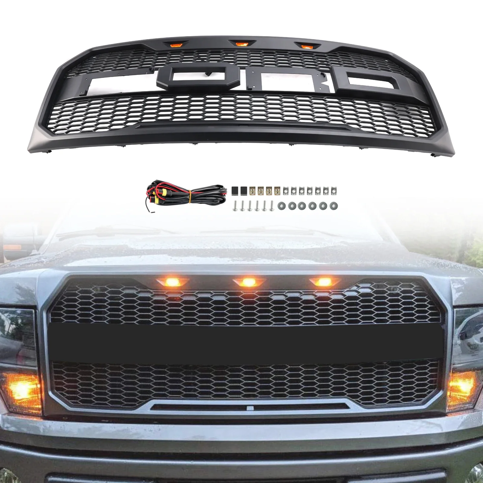 Black Raptor Style Front Bumper Grille Grill With LED For Ford F150 2009-2014 With Letter US Stock