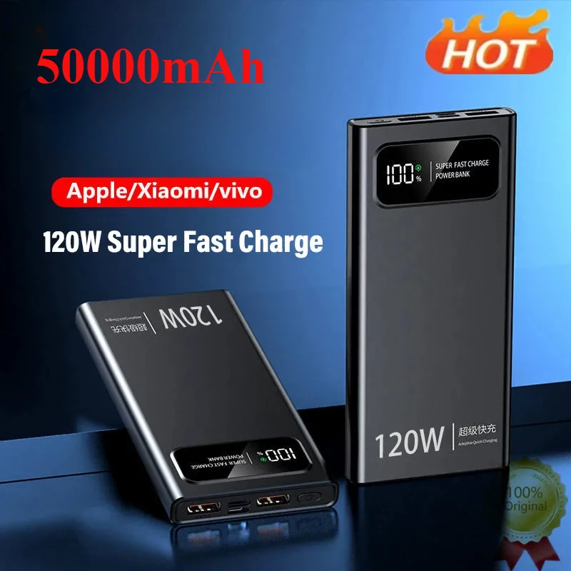 

50000mAh Power Bank 120W Super Fast Charger Battery Large Capacity Digital Display Power Bank For Iphone Samsung Huawei