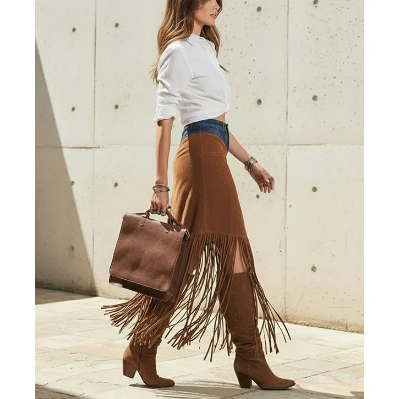 

Tinaa Maillard Core Tassel Skirts 2026 Stylish Vintage High Waist High-slit Desert Cool Girl Long Skirt Carnival Bottoms 193616