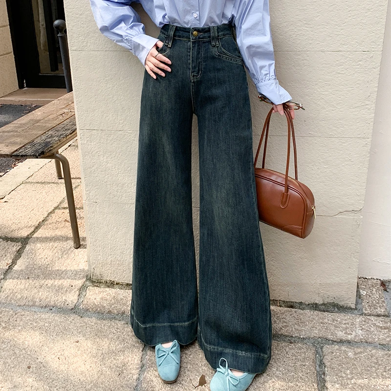 Stretch Straight Leg Jeans for Women High Waisted Wide Leg Loose Microelastic Boyfriend Denim Pants Casual Elegant Pocket Jeans