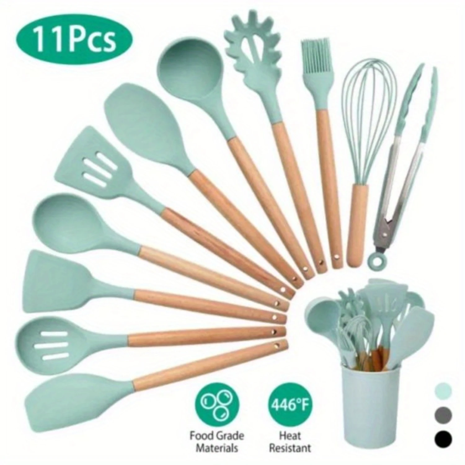 11 pieces of silicone cooking utensils set, heat-resistant wooden handle, food grade silicone, set includes spoon, spatula, plie