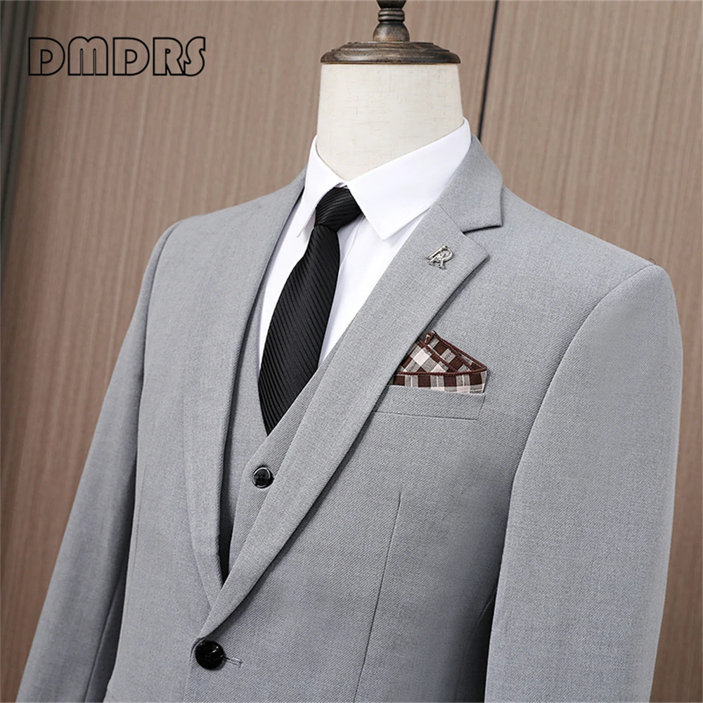 Conjunto de traje liso gris para hombre, 3 piezas (chaqueta, pantalones, chaqueta clásica con solapa con muescas, trajes de negocios ajustados con un botón