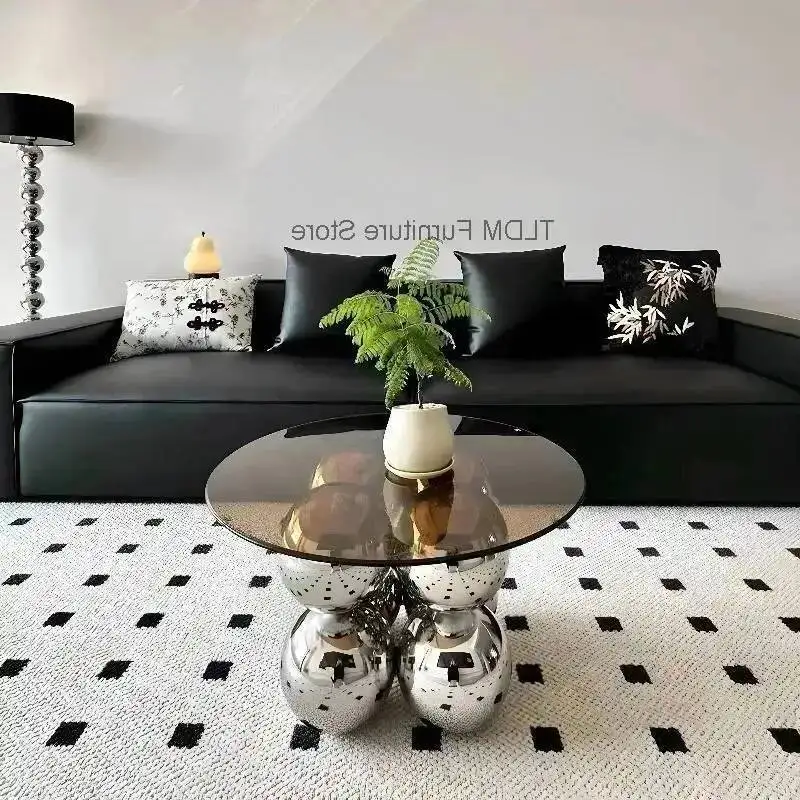 Round Coffee Table with Metal Modern Base, Luxury Glass Spherical Top Living Room Center Table, Stylish Home Decor Furniture