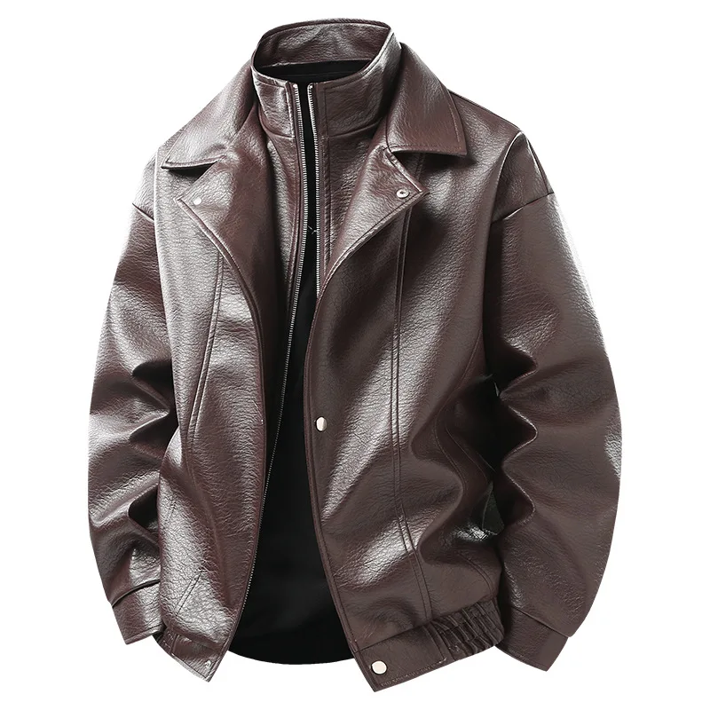 

Autumn Men Leather Jacket Fashion Stand Collar Male Fake Two-piece Coat Motorcycle Windproof Punk Long Sleeve Man Outerwear