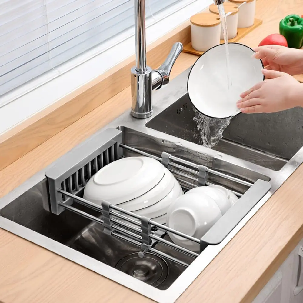 

Adjustable Stainless Steel Dish Drying Rack over the Sink Counter Drainer Basket Vegetable Fruit Drain Tray Kitchen Accessory