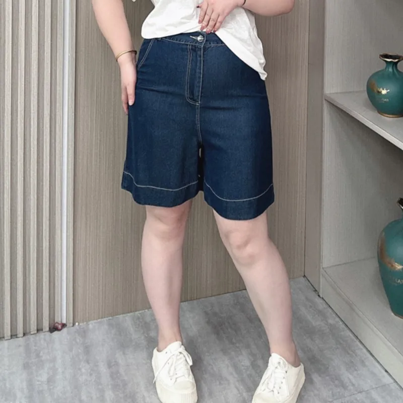 Lyocell Denim Shorts Women 2024 Summer New Plus Size High Waist Casual Knee Length Wide Leg Jeans