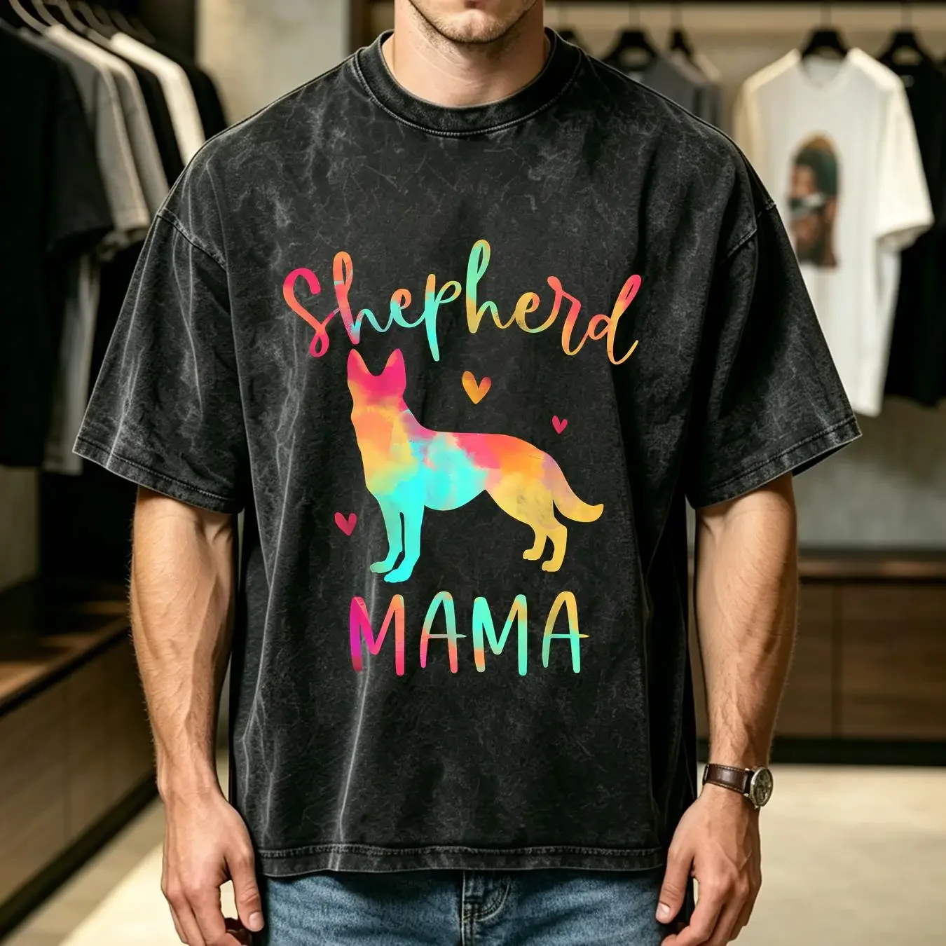 washed T Shirt Shepherd Mama Colorful German s Dog Mom Form vintage Washed Versatile graphic Stylish Breathable streetwear