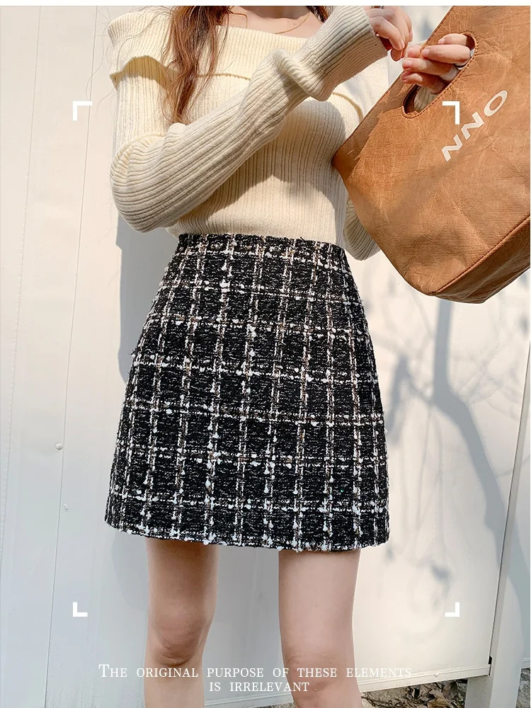 SMTHMA French Small Fragrance Style 2024 New Fashion Fall Winter Plaid Skirt Womens Thick Woolen Glitter Mini Tweed Skirt Saia