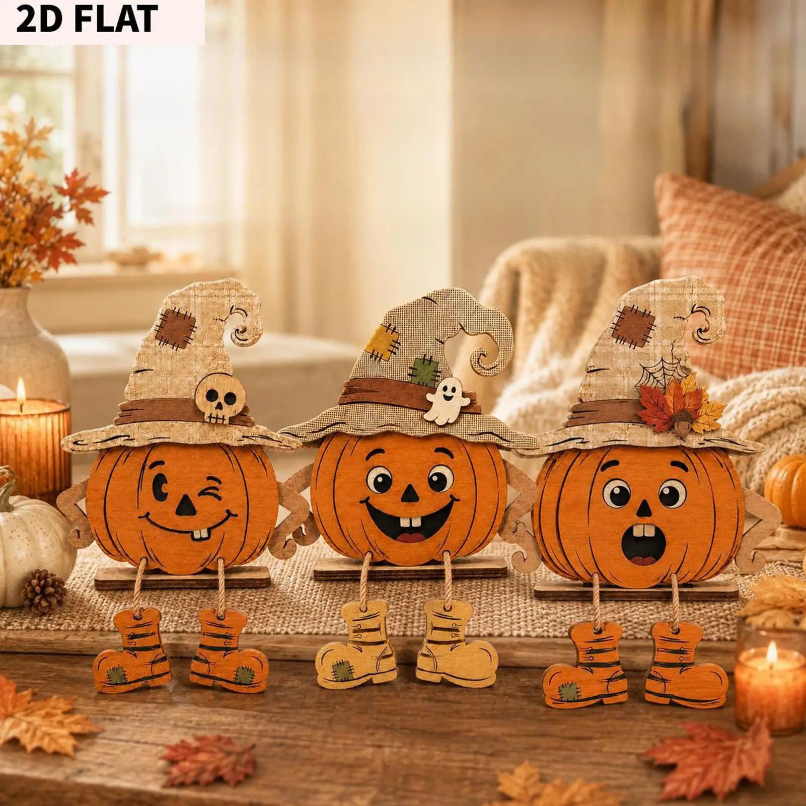 Halloween-Holz-Kürbis-Dekoration, 3-teiliges Set, rustikale Tischdekoration, 2D-Kürbis-Figur, festliche Dekoration für Partys, Zuhause und Wohnzimmer.