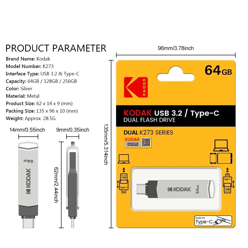 Kodak แฟลชไดรฟ์ USB สองในหนึ่งชนิด C 32GB 64GB โทรศัพท์มือถือคอมพิวเตอร์128GB แฟลชไดรฟ์ USB ใช้คู่หมุนได้อย่างสร้างสรรค์3.1 USB