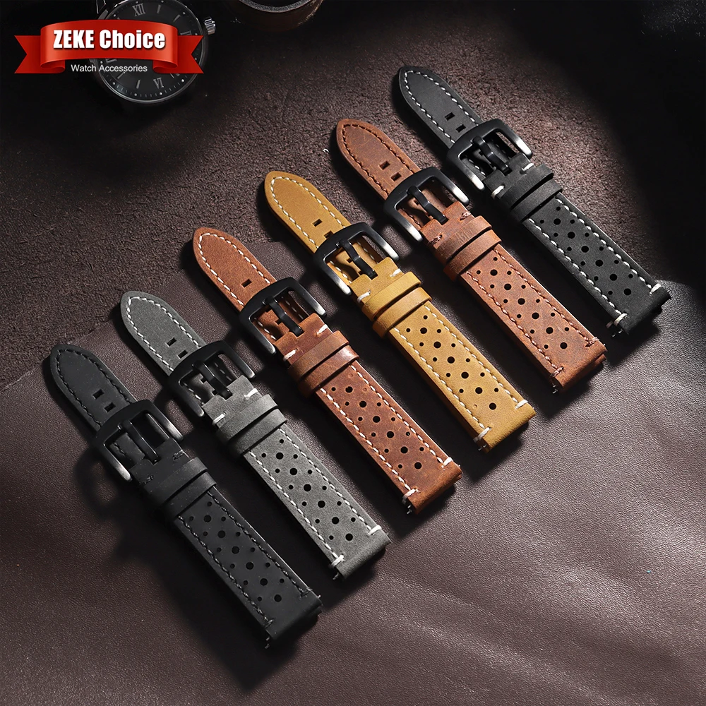 18/19/20/21/22/24mm Cowhide Watch Bands Vintage Racing Leather Watch Strap for Seiko Quick Release Breathable Porous Watchband