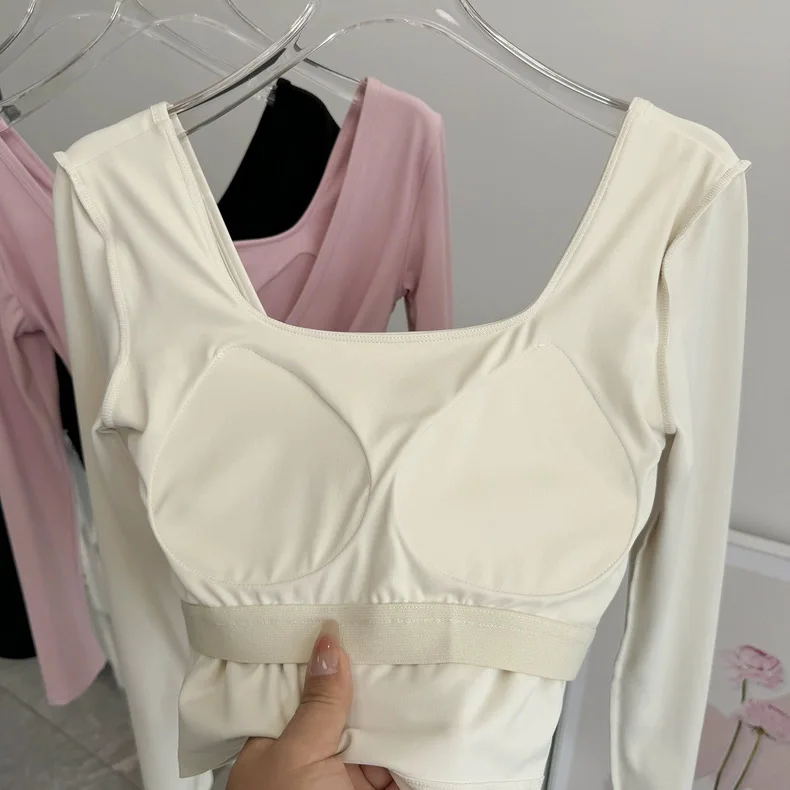 Feste Brustpolster, überkreuzter Rücken, Yoga-Kleidung, eng anliegend, schlankmachend, Sport-Langarm-Laufshirt, Fitness-Oberteil, Shirts – Detail 15