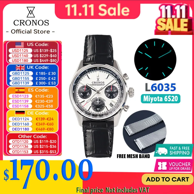 Cronos New Chronograph Quartz Men Watch Miyota 6S20 Black&White Panda Dial Sapphire 10 ATM Tachymetre Leather Strap