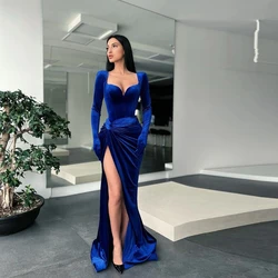 Robe de bal en velours bleu Royal pour femmes, tenue élégante, manches longues, décolleté en cœur, fente haute, longue, formelle, robes de spectacle, sur mesure