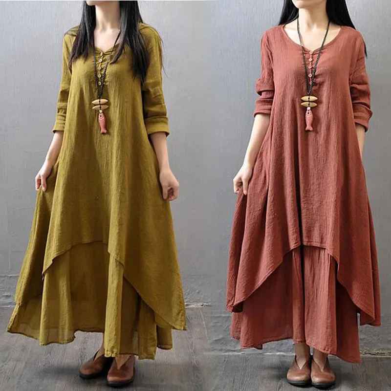 2023 Spring Autumn New Two-piece Illusion Long Dress Artistic Wide Hemming Hemp Dress Loose Fit Long Sleeve Cotton Hemp Skirt