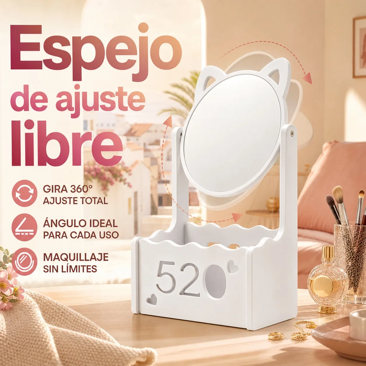 Miroir de maquillage de bureau avec organisateur, 360° °   Miroir rotatif haute définition avec oreilles de chat, plateau de rangement pour cosmétiques et bijoux, 13,5x17x28cm, blanc