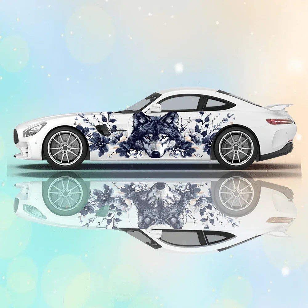 A wolf with glowing eyes surrounded by flowers, branches,car vinyl wrap car decal;full-body floral decoration covering scratches