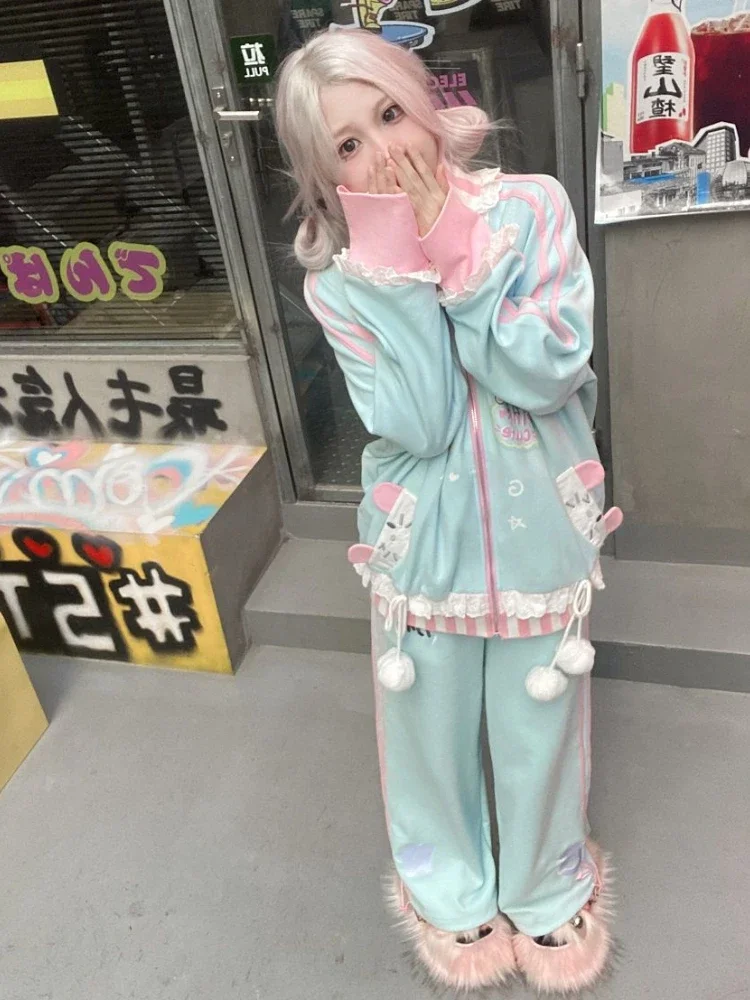 Japanese Streetwear Outfits 2024 Casual Fashion Cartoon Hoodies +Wide Leg Pants Female Japanese Harajuku Suit Y2k Two Piece Sets