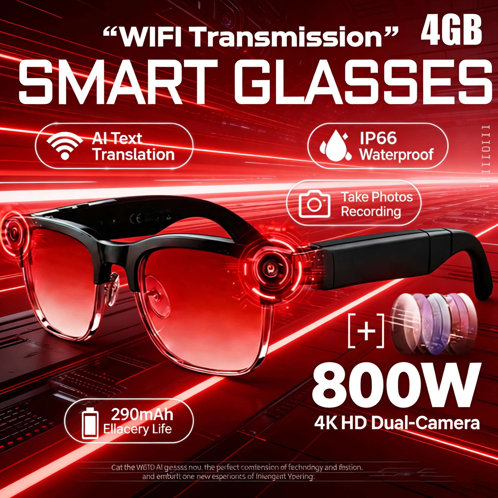 

Умные очки 2026 с ИИ, камерой 4K, GPT-переводом, водонепроницаемостью IP66, Bluetooth и голосовым помощником для бизнеса, путешествий и активного отдыха