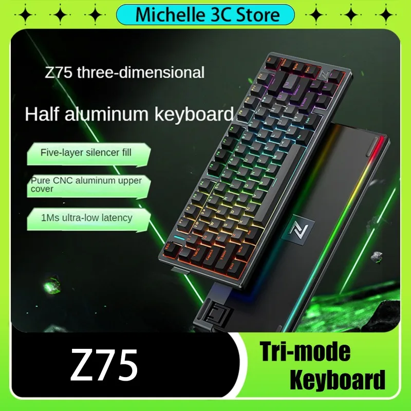 Z75 Mechanical Keyboard Three-mode Wireless Hot-swap Custom 75% Layout Gasket Low-latency Aluminum E-sports Gaming Keyboard Gift